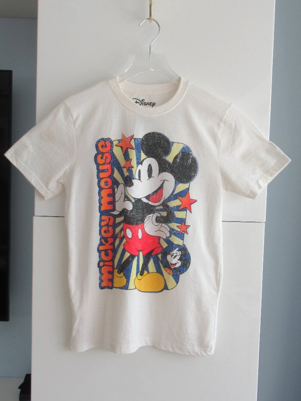 Big Print Mickey Mouse Vintage Look, size Small, Short Sleeve, Cream Multicolor